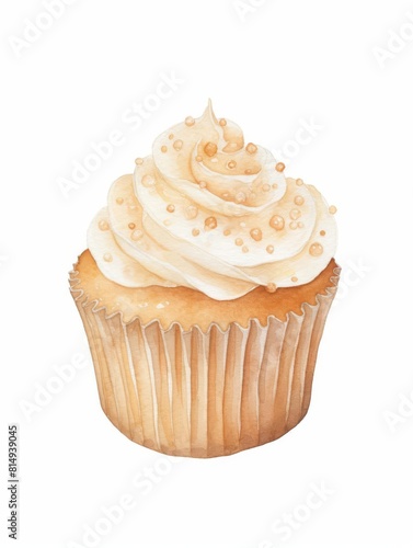 A watercolor painting of a vanilla cupcake with white frosting and gold sprinkles.