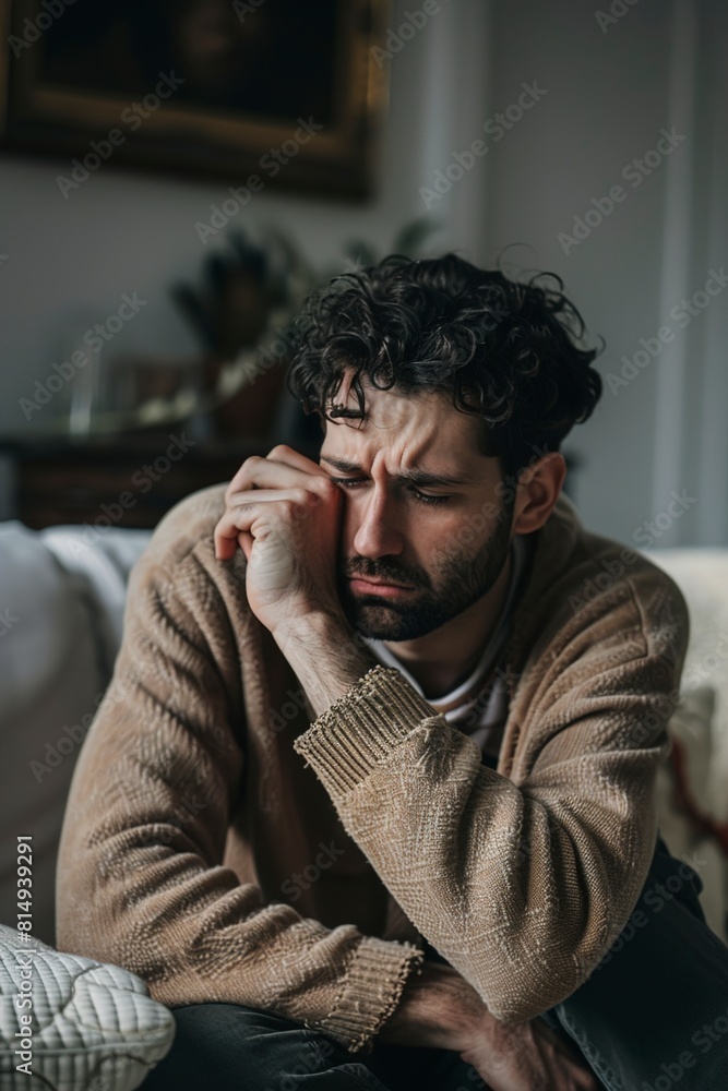 Depressed man with hands clasped leaning on sofa Depressed man with hands clasped leaning on sofa