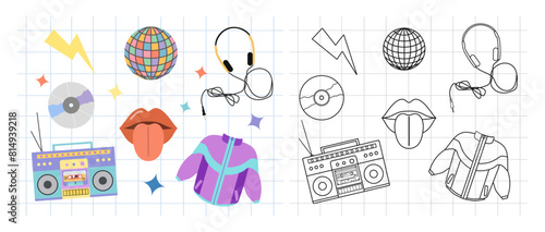 Classic y2k, 90s and 2000s aesthetic. Flat and outline style set of vintage elements. Hand-drawn vector illustration on background of checkered notebook sheet. Patch, sticker, badge, emblem.