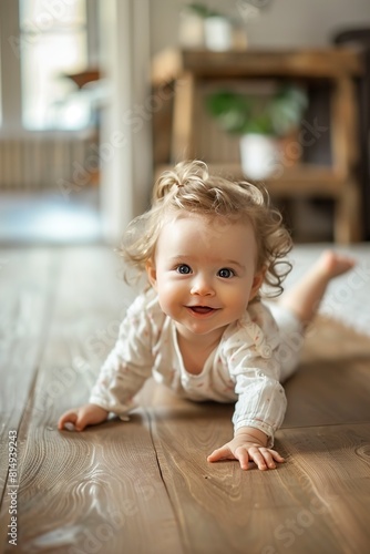 Cute baby girl crawling on hardwood floor at home