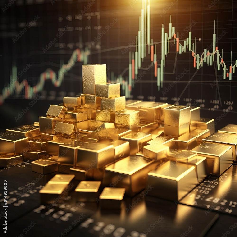 Gold bars on the background of the financial chart. Concept of gold market, trading, and investment. Gold bars on the background of the financial chart. Concept of gold market, trading, and investment.