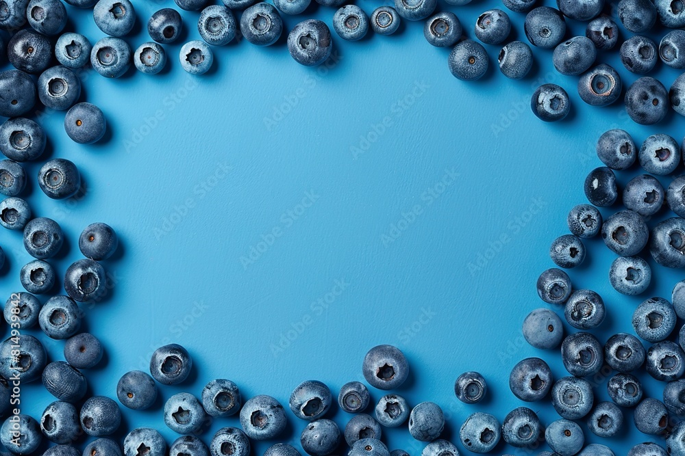 Frame of ripe blueberries on blue background flat Frame of ripe blueberries on blue background flat