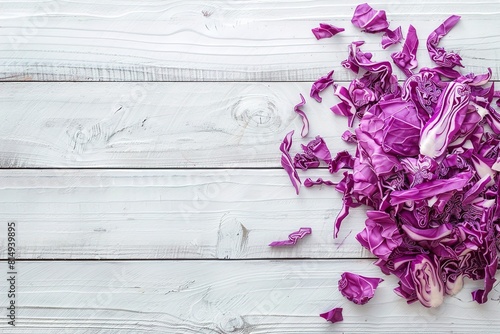 Fresh chopped red cabbage on white wooden table fla photo