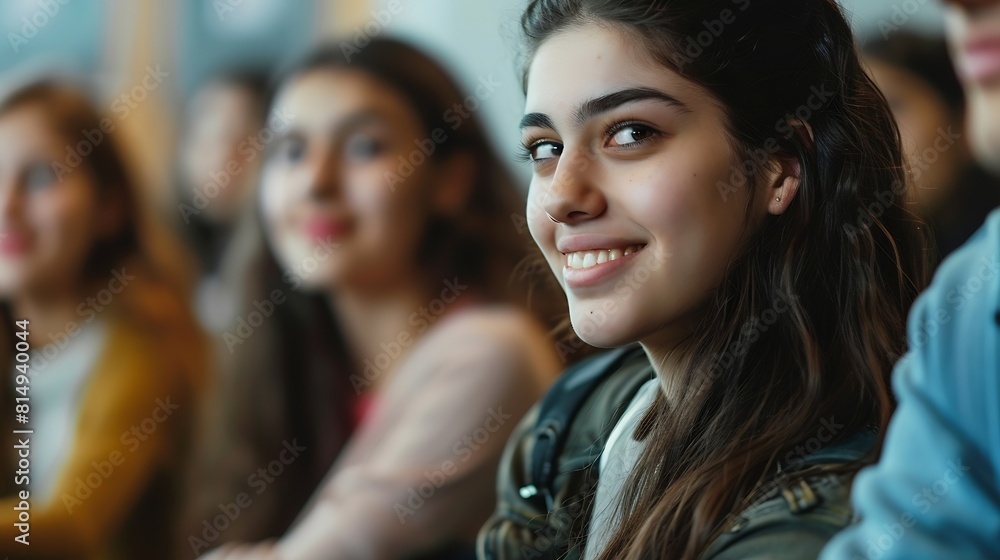 Happy college student during a lecture in the classroom looking at camera : Generative AI Happy college student during a lecture in the classroom looking at camera : Generative AI