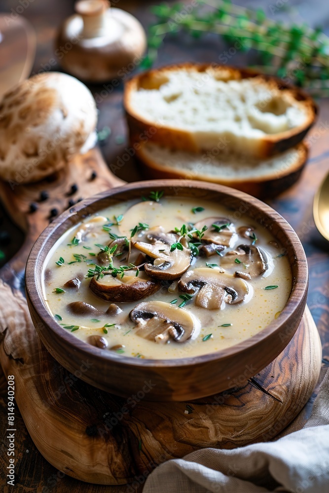 Freshly made mushroom soup on a wooden cutting Freshly made mushroom soup on a wooden cutting