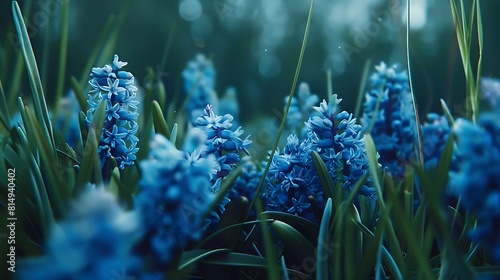 Close up of blue wild hyacinths flowers in grass  photo