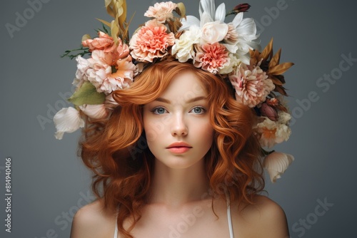 Stunning woman with ginger hair adorned with a beautiful flower wreath on a grey background