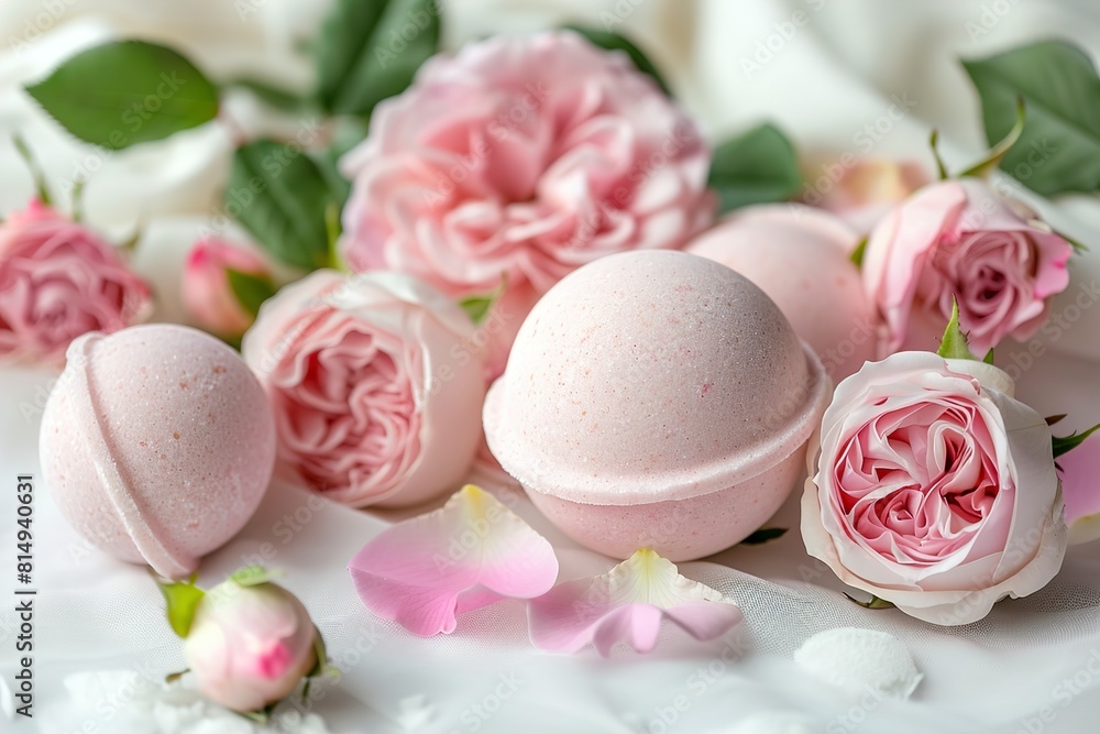 Fragrant bath bombs and rose flowers on white background Fragrant bath bombs and rose flowers on white background