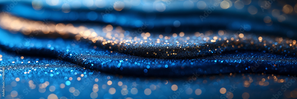 Blue wavy abstract background with gold glitter sparkles. The glitter flakes vary in size and shape, creating a shimmering and textured effect Blue wavy abstract background with gold glitter sparkles. The glitter flakes vary in size and shape, creating a shimmering and textured effect