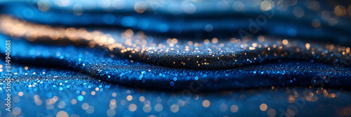 Blue wavy abstract background with gold glitter sparkles. The glitter flakes vary in size and shape, creating a shimmering and textured effect photo