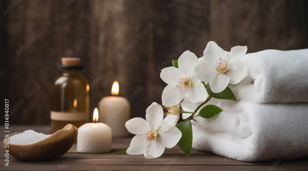 Spa background towel bathroom white luxury concept massage candle bath. Bathroom white wellness spa background towel relax aromatherapy flower accessory zen therapy aroma beauty setting table salt oil