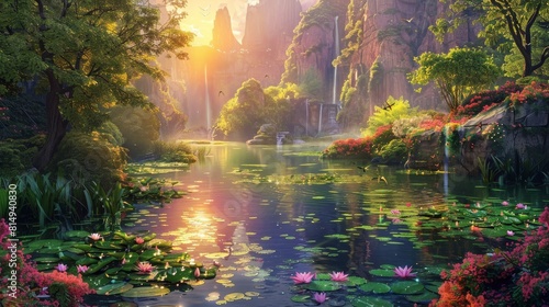 Golden secret garden tranquil pond vibrant blooms backdrop