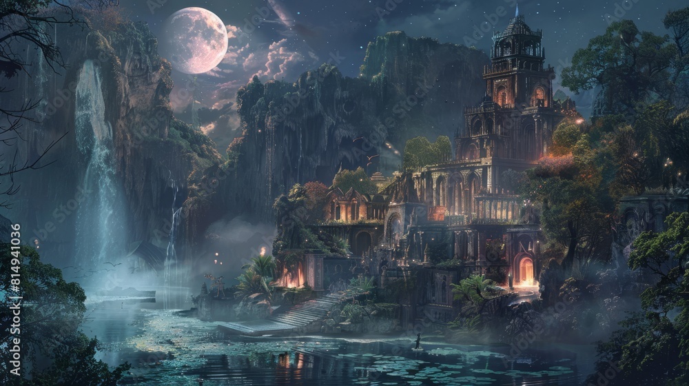 Moonlit waterfall cascades into enchanted grotto amidst mist backdrop Moonlit waterfall cascades into enchanted grotto amidst mist backdrop