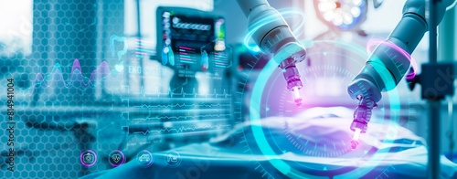 surgical robot and remote control hospital equipment as wide banner design with information hologram.future robotic arms performing automated medical health care operation for future precision concept