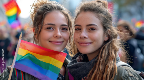 Close-up portrait of two young women, smiling at a Pride parade, one holding a small rainbow flag, symbolizing their support for love and acceptance in the LGBTQ+ community. Young women United at Gay 