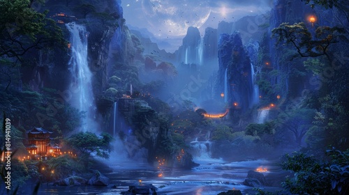 Moonlit waterfall cascades into enchanting hidden grotto backdrop