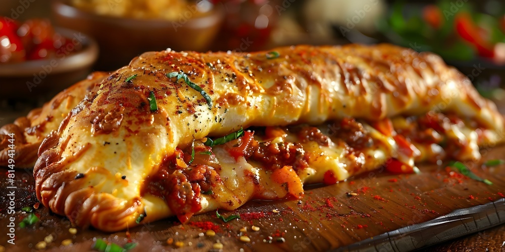 Indulge in a golden crispy calzone filled with melted mozzarella and spicy goodness. Concept Italian Cuisine, Delicious Calzone, Mozzarella Cheese, Spicy Flavor, Crispy Crust