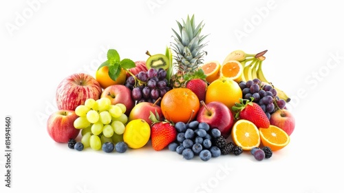 A variety of fruits including apples  grapes  oranges  bananas  pineapple  kiwi  strawberries  blueberries  and blackberries.