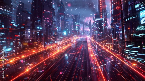 Futuristic metropolis at night with glowing lights backdrop