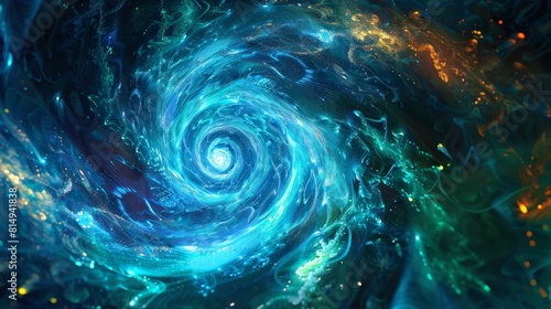 Sensation of falling through a wormhole with blue and green swirls converging towards brightness backdrop