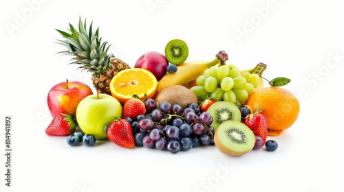 A variety of fruits including apples  oranges  bananas  grapes  pineapple  kiwi  strawberries  and blueberries.