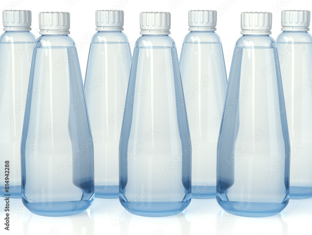 Plastic transparent bottles filled with colorless liquid. 3d illustration set on white background Plastic transparent bottles filled with colorless liquid. 3d illustration set on white background