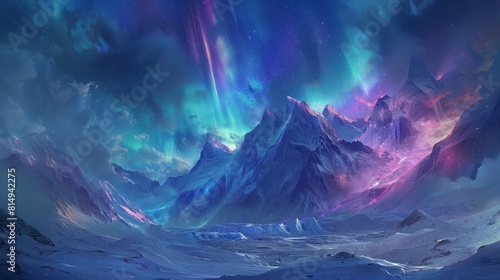 Aurora-lit sky over snow mountains backdrop