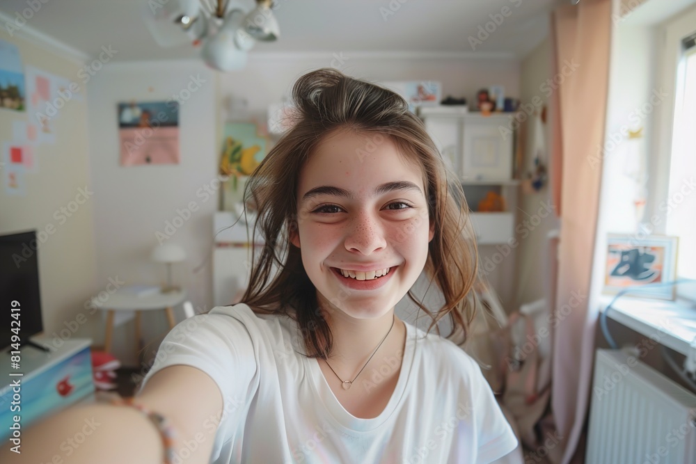 Happy teenage girl taking selfie at home Happy teenage girl taking selfie at home