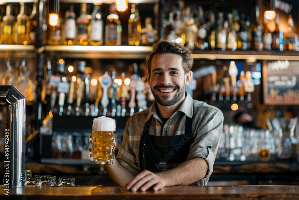 Happy waiter serving beer drinks while working