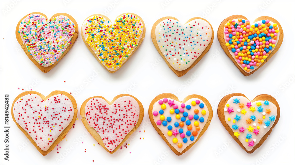 Heart Shaped Cookies With Sprinkles on a White Background Heart Shaped Cookies With Sprinkles on a White Background