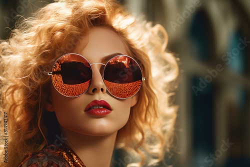 Close-up of a fashionable woman with voluminous curls and chic oversized sunglasses