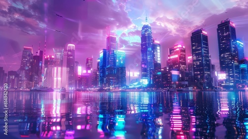 Surreal futuristic skyline with neon lights backdrop