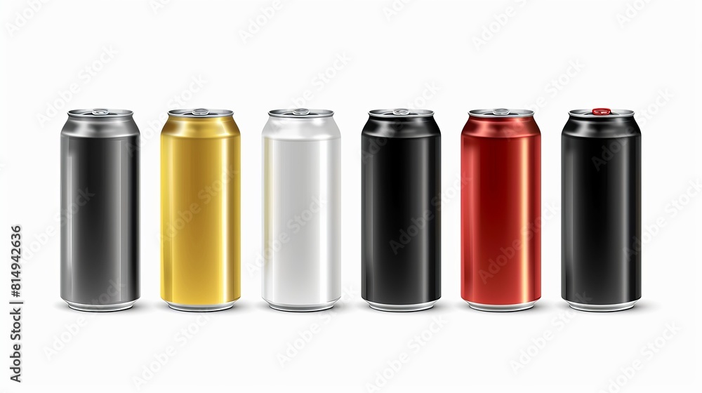 Realistic metal cans. Aluminum and lemonade beverage can of different colors. Vector illustration black silver white mock up cans set on white background for packaging energy drink Realistic metal cans. Aluminum and lemonade beverage can of different colors. Vector illustration black silver white mock up cans set on white background for packaging energy drink