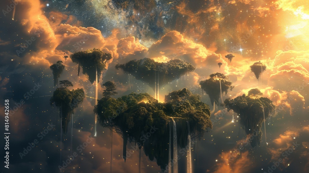Enigmatic dreamscape with floating islands backdrop