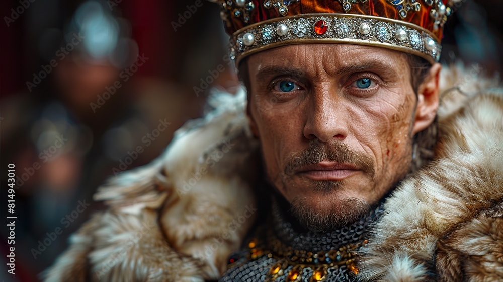 Close-up of an imposing king wearing a crown with unshakable dignity. A king with eyes full of determination and wisdom, evoking majesty. Close-up of an imposing king wearing a crown with unshakable dignity. A king with eyes full of determination and wisdom, evoking majesty.