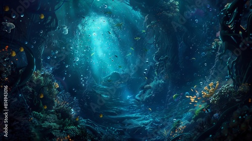 Underwater cavern with bioluminescent flora and swirling currents backdrop