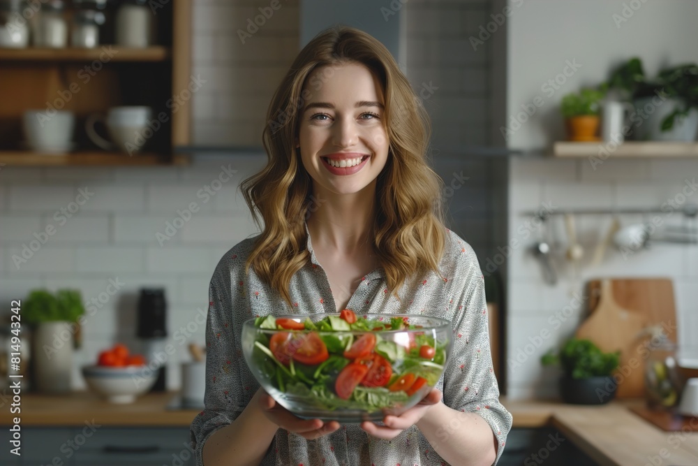 Happy young woman with bowl of salad standing