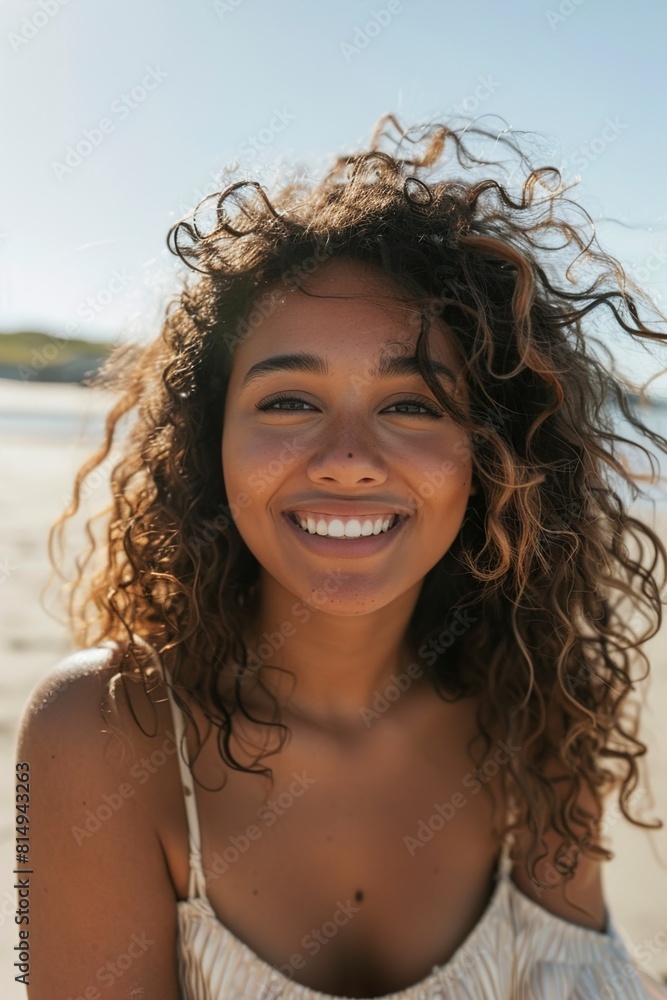 Happy young woman with curly hair at beach Happy young woman with curly hair at beach