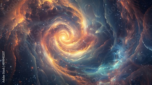 Cosmic whirlpool with neon-colored energy and shimmering stardust backdrop