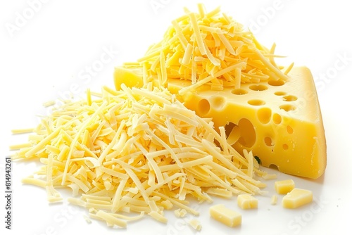 Heap of grated delicious cheese on white background photo
