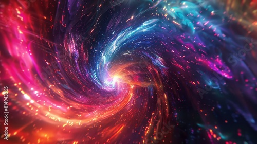 Journey through a cosmic wormhole with tendrils of neon-colored light backdrop