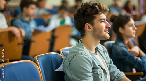 Male student sitting in university classroom looking away and smiling Man sitting in lecture in high school classroom   Generative AI