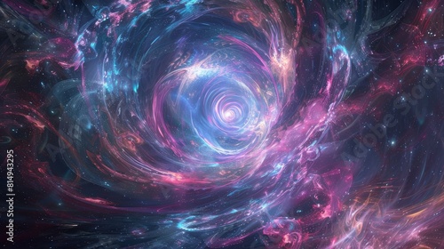 Journey through a cosmic wormhole with tendrils of neon-colored light backdrop