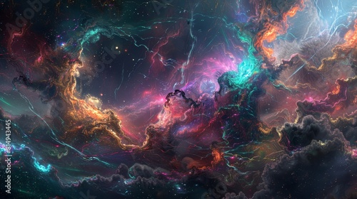 Cosmic storm of swirling energy neon-colored light intertwining amidst dark clouds backdrop