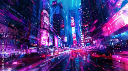 Neon-lit cityscape skyscrapers and streets bathed in holographic glow backdrop