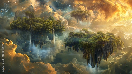 Surreal dreamscape of floating islands lush forests amidst swirling clouds backdrop