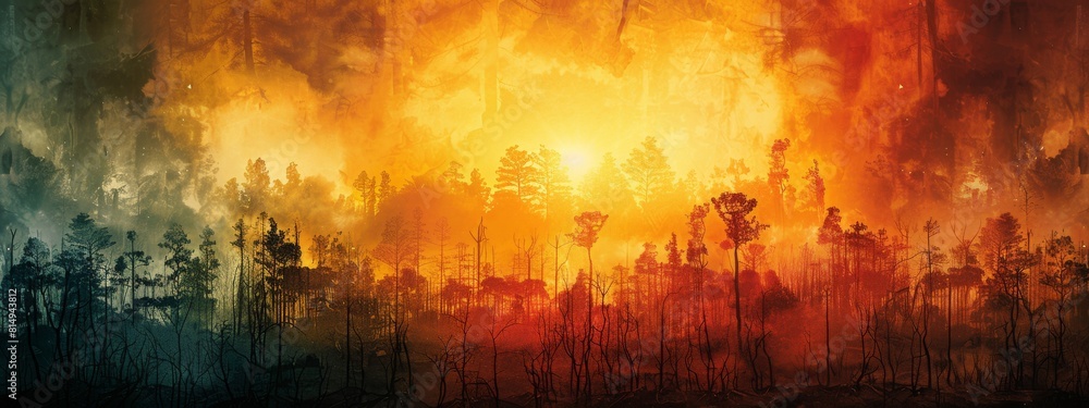 Obraz premium A painting of a city with a large sun in the background