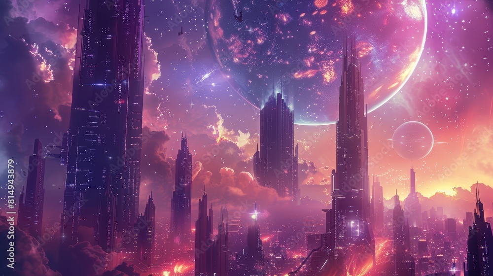Naklejka premium Futuristic cityscape with sleek skyscrapers against swirling nebulae backdrop