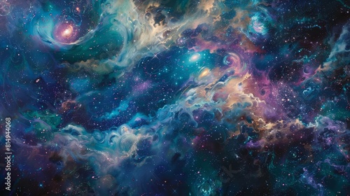 Swirling galaxies and nebulous clouds in vibrant hues backdrop © javier