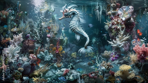 Underwater kingdom with mythical sea creatures amidst reefs backdrop